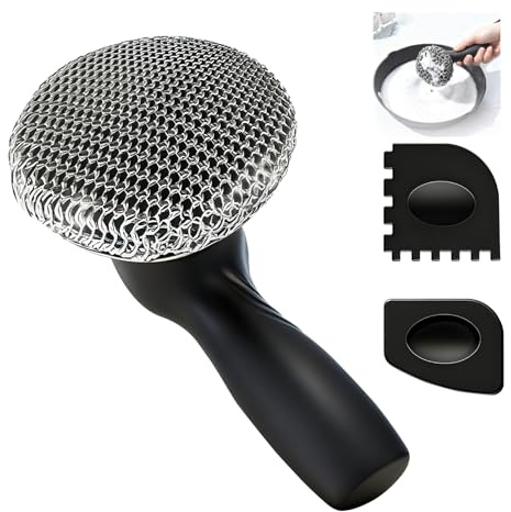 Schrubber für Gusseisenpfanne, Langstieliges Design Topfreiniger(Schwarz) | Gusseisen Ringreiniger mit 2 Grillrostschaber, Hochwertiger Edelstahl fur Grills Grillplatten Töpfe Pfannen Geschirr