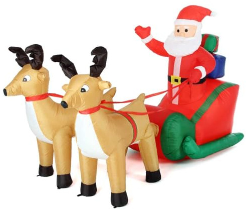 BAKAJI Babbo Natale Gonfiabile su Slitta con 2 Renne, Decorazione Natalizia Autogonfiabile, Lunghezza 240 cm con Kit di Fissaggio per Esterno, Illuminazione LED con Protezione IP44, Addobbo Natalizio