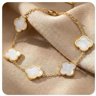 Four Leaf Clover Bracelet for Women, 18K Gold Plated Stainless Steel, Dual Sided Mother of Pearl, 5 Lucky Motifs, Non-Tarnish Hypoallergenic Adjustable, Good Luck Jewellery Gift