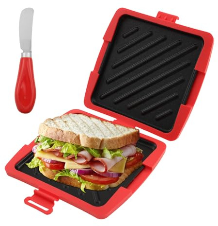 Sandwichmaker Mikrowelle Presse 3 Minuten-Grillpfanne für Warmes Frühstück für Sandwiches Paninis Ohne Toaster Antihaftbeschichtung für Büro Studentenwohnheim Reisen (Rot)