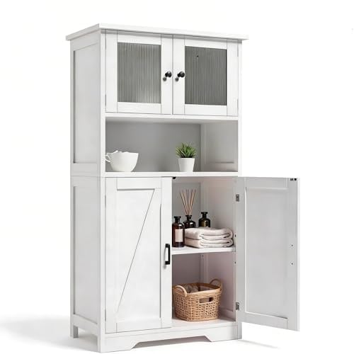 Garvee Muebles de Cocina, Armario de Almacenaje, Armario Aparador, con Puertas de Cristal y Estantes Ajustables, para Salón y Cocina 59.94 * 29.97 * 128.02 cm(Blanco)