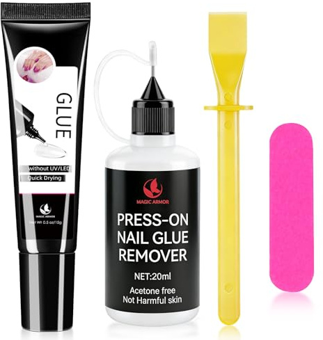 Nagelkleber Gel 15g + entferner 20ml für Press-On-Nagelspitzen, keine UV-Lampe erforderlich Gel-Nagelkleber, schnelltrocknend, ein lang anhaltendes Kit für künstliche Acrylnägel, Kleber-Gel