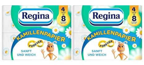 Regina Kamillenpapier, 8 Maxi-Rollen Toilettenpapier, 3-lagig | 8=16 Forever Roll, 300 Blatt pro Rolle, Sanft und zuverlässig, Mit einem Hauch von Kamille, FSC-zertifiziertes Papier