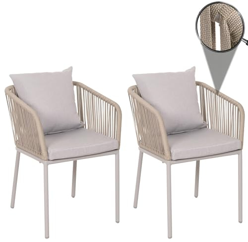 Mendler 2er-Set Gartenstuhl HWC-N41AM - grau Kissen grau | Outdoor, Armlehne, wetterfest Aluminium, Seilgeflecht, Rope