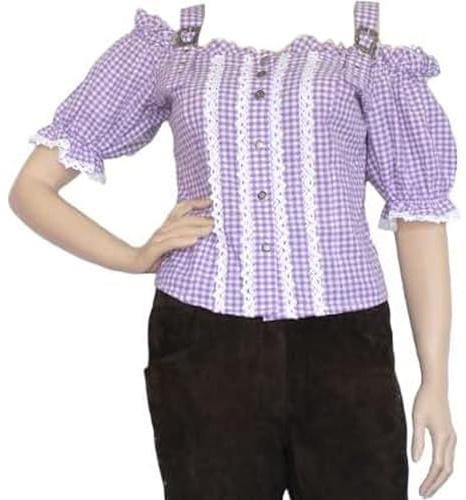 Trachtenbluse Carmenbluse Trachten Lederhosen-Bluse Trachtenmode LILA kariert, Größe:40