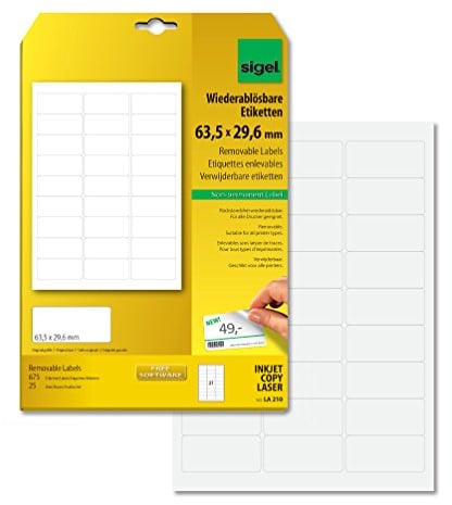 SIGEL LA210 Etiketten selbstklebend, bedruckbar, wieder rückstandsfrei ablösbar, weiß, 63,5 x 29,6 mm, 675 Etiketten = 25 Blatt, abgerundet