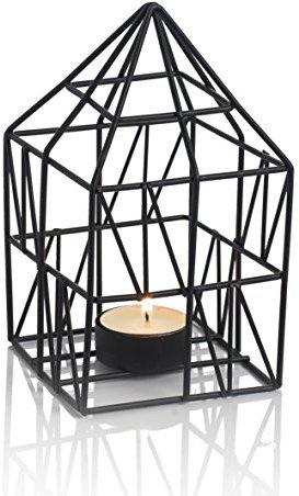 MONTEMAGGI Lanterna Porta Candela a casetta in Ferro Nero. in Stile Scandi Ideale per arredo Interni ed Esterni. Dimensioni: 9x9x16 cm