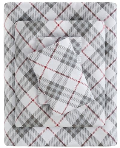 Sleep Philosophy True North Kuscheliges Flanell-Bettwäsche-Set, warm, 100% Baumwolle, Motiv: Tiere, Sterne, niedlich, ultraweich, für kaltes Wetter, Queen-Size-Bett, rotes Karomuster, 4-teilig