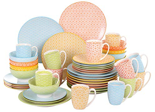 vancasso Natsuki, Combinación Vajilla de Porcelana 48 Piezas Juego de Vajilla, Cada Una con 12 Tazas de Café, Tazones de Cereal, Platos de Postre y Platos para 12 Personas