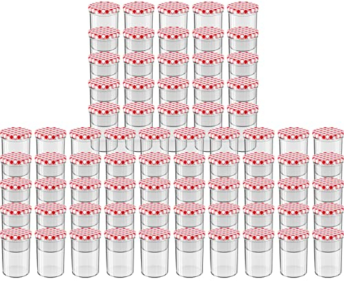 WELLGRO 75x Einmachgläser mit Schraubdeckel - 435 ml, 8,5 x 12 cm (ØxH), Glas/Metall, rot karierte Deckel To 82, Gläser Made in Germany, verschiedene Mengen wählbar, Stückzahl:75 Stück