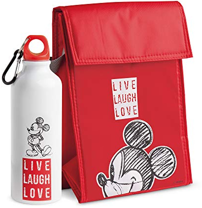 Egan Trinkflasche Set Thermos 500ml Kühltasche Linie Mickey Live Laugh Love Farbe Rot PWMSETLL/6, Mehrfarbig, Small