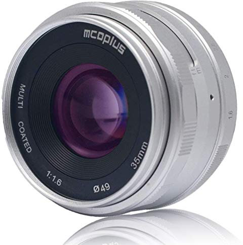 Venidice Objectif Mcoplus 35 mm F1.6 à mise au point manuelle grande ouverture APS-C fixe pour appareils photo sans miroir Olympus Panasonic M4/3 MFT Micro Four Thirds (Argent)