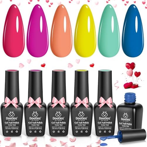 Beetles Gel Nagellack Set, 6 Sommer Farben Gel Polish leuchtende Regenbogen Nagelkunst Orange Blau Pink Grün Neon Nagelgel Set DIY-Nagelkunst Geschenk für Mädchen Poolparty Urlaubsmaniküre