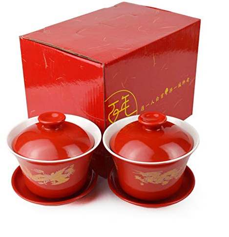 Gaiwan 2 Anzüge Porzellan Teetassen 237 ml Tassen Chinesischer Drache und Phönix Abdeckung Schale Untertasse Rote Träne für Hochzeit Party (Drachen-Phönix)