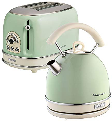 Ariete Retro Style Dome Kettle and 2 Slice Toaster Set, Vintage Design, Green
