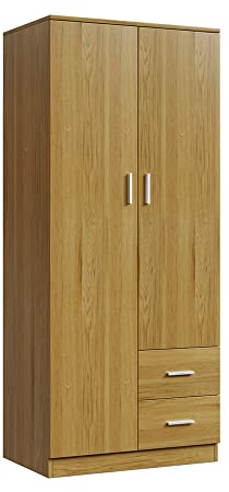 Wooden 2 Door 2 Drawer Wardrobe with Shelf and Hanging Rail Modern Clothes Storage Cupboards Unit for Bedroom Furniture W 77 * D 50 * H 180cm (Oak Effect)