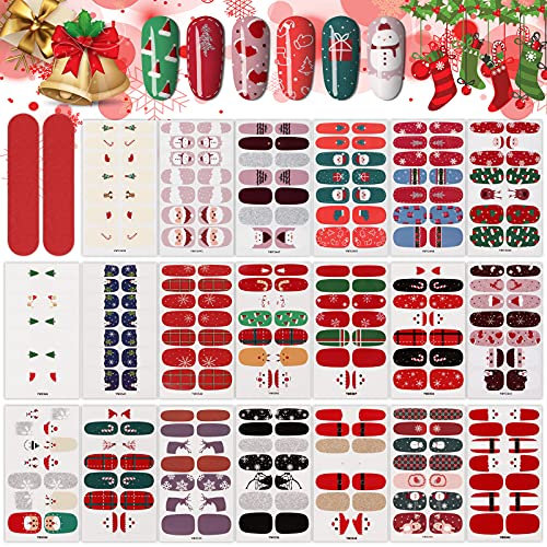 Kalolary 20 Sheets Christmas Full Wraps Self-Adhesive Nail Polish Stickers, Santa Snowman Nail Wraps Stickers with 2Pcs Nail Files for Winter Christmas Nail Art Decorations