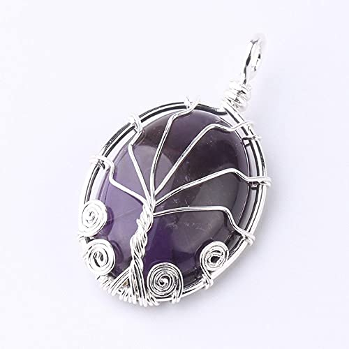 Collares con Colgantes De Piedra para Mujer,Piedras Ncklaces of Women Silver Wire Winding Oval Romantic Amethyst Natural Semi-Precioso Fewellery Pendant Yoga Reiki Chakra Stone For Ladies Mamá Novi