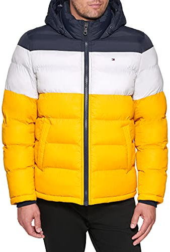 Tommy Hilfiger Down Alternative Hooded Puffer Jacket (Standard And Big & Tall) Cappotto Piumino, Mezzanotte/Ghiaccio/Giallo, XXL Uomo