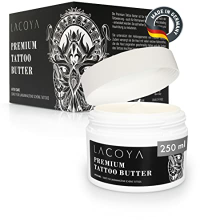 LACOYA® - Premium Tattoo Butter für frisch tätowierte Haut - Pflegecreme für tägliche Tattoo After-Care Pflege - Tattoo-Creme mit Shea-Butter vegan atmungsaktiv (Made in Germany) - Tattoopflege Balsam