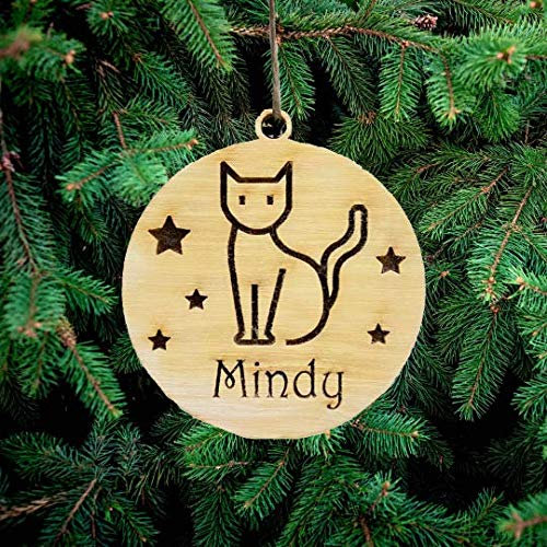Pet-Jos Personalised Cat Christmas Decoration with Cat's Name, Wooden Tree Ornament, Engraved Pet Name Christmas Bauble Gift Card Insert for Family and Friends