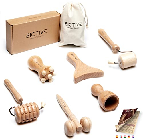 BICTIVE® Maderotherapie Gesicht Set mit 6 Stück und Beutel. Gesichtsmassage Roller, Massage Holz, Maderotherapie Holz, Face Massager, Lymphdrainage Gesicht, Gesicht Massagegerät, Skincare Set.