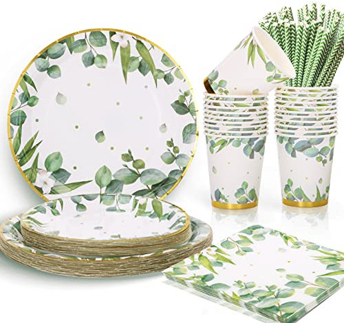 Gender Neutral Baby Shower Plates and Napkins for 25 Sage Green Party Decorations Boy Girl Birthday Bridal Shower Floral Wedding Gold Green Decor Greenery Safari Jungle Theme Boho chic Party Supplies