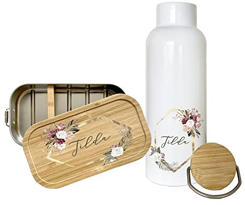 Manufaktur Liebevoll | Personalisierte Trinkflasche und Brotdose mit Namen als Set für Kinder | Set: Trinkflasche + passende Lunchbox mit Fächern im floralen Design