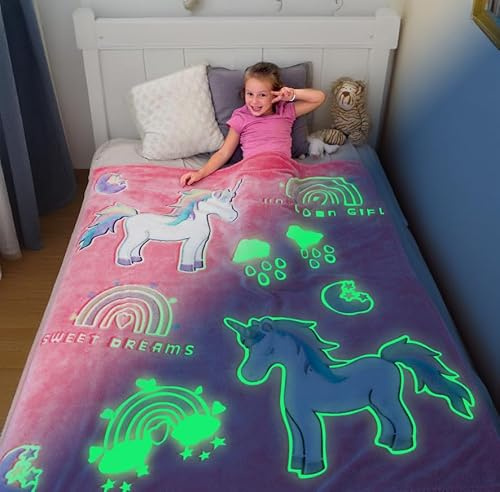Glow in The Dark Unicorn Blanket for Girls, Fluffy Pink Plush Throw Blanket, Soft Cozy Fleece Kids Bedding, Fuzzy Warm Snuggly Unicorn Gift, Cute Decorative for Girls Bedroom, Sofa, Travel, 50 x 60