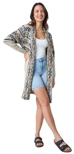 Roman Originals Women Cardigan - Ladies Longline Coatigan Tassel Open Front Cardi Winter Autumn Casual Textured Edge to Edge Yarn Patterned Comfy Work Going Out - Natural Sky Blue - Size 14