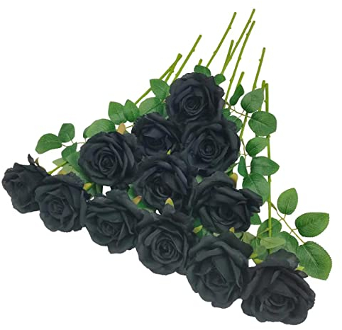ATFL Schwarze Rosen, künstliche Blumen, 12 Stück, künstliche schwarze Seidenblumen für schwarze Hochzeitsdekoration, schwarze künstliche Blumen, schwarze Rosen, schwarzer Blumenstrauß (schwarz)