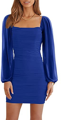 Wenrine Damen Kleider Party Cocktail Club Bodycon Kleid Hochzeitsgast Mesh Langarm Square Neck Minikleid Slim Fit(Blau,S)