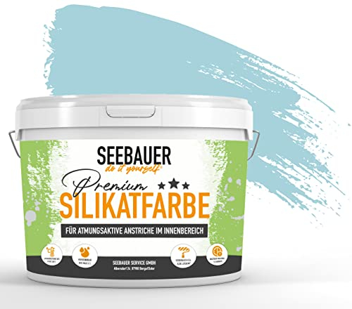 SEEBAUER diy Silikatfarbe Blau 5L für Innen (No. 821 Arctic Blue) Atmungsaktive Mineralfarbe für Allergiker - Abwaschbare Wandfarbe - Blautöne hohe Deckkraft