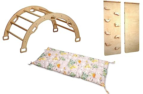 Montessori Kletterbogen | Bogen mit zweiseitiger Felswandrampe & Kissen | Hölzerner Kletterbogen & Kletterwand für Kinder | Kletterbogen Set mit Rampe und Kissen (Map)
