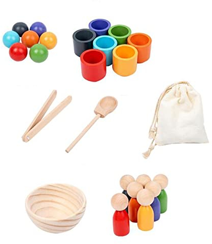 MagiDeal Bälle in Tassen, Montessori-Spielzeug, Früherziehungsspielzeug, Brettspiel, Holzspielzeug, Feinmotorik für Kleinkinder, Baby, Vorschule, sensorisches, 7 Farben