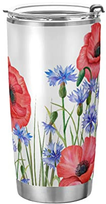 Tumbler Poppy Purple Flower Insulated Coffee Cup Beverage Container Travel Mug with Straw and Lid Double Wall Stainless Steel 20oz BPA-Free for Sport, Back to School
