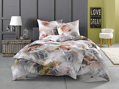 Edle Mako Satin Rosen Bettwäsche grau rosé (Garnitur 135x220 + 80x80)
