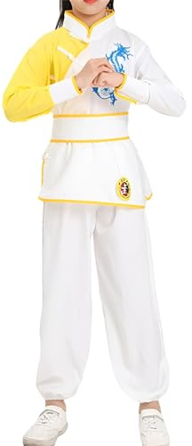 BK FASO Kung Fu Suit for Boys Girls Traditional Outfit Chinese Embroidered Tai Chi Wing Chun Master Martial Arts Sets, White, 160cm