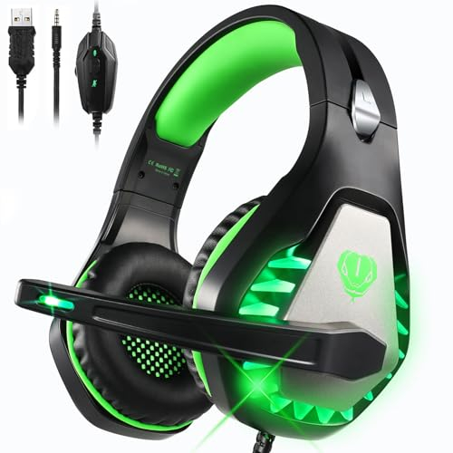 neefeaer Gaming-Headset mit Mikrofon für Nintendo Switch, PS4, PS5, PC, Xbox One, Mac, Laptop, 50 mm Audio-Treiber, kabelgebundene Kopfhörer mit verstellbarem Mikrofon, RGB-Licht und weichen GH