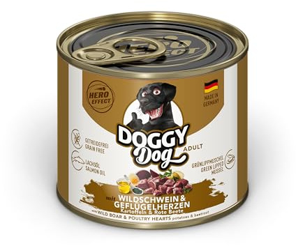 DOGGY Dog Paté Wildschwein & Geflügelherzen, 6 x 200 g, Nassfutter für Hunde, getreidefreies Hundefutter mit Lachsöl, Alleinfuttermittel mit Kartoffeln und rote Beete, Made in Germany