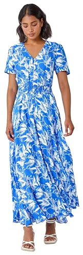 Roman Shirred Empire Waist Dress for Women UK Ladies Midi Maxi Summer Spring Tiered Frill Hem Short Sleeve V Neck Button Through Boho Bohemian Holiday Cruise Royal Blue