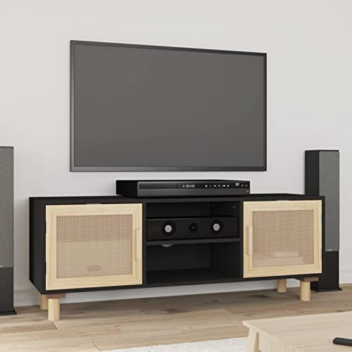 ShGaxin TV Cabinet Black 105x30x40 cm Solid Wood Pine&Natural Rattan,Luxury Tv Stand,Corner Tv Unit,Tv Media Cabinet