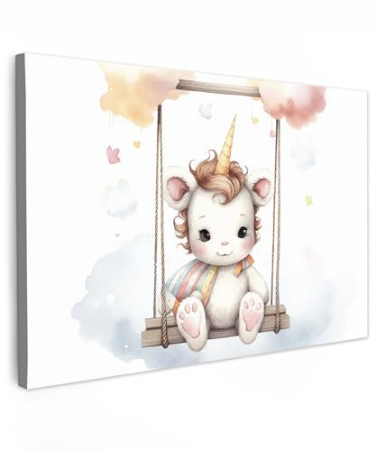 MuchoWow© Bilder 60x40 cm Wohnzimmer Deko Modern Wandbild Kunstdruck auf Leinwand Bild Schlafzimmer über Bett Room Decor Einhorn - Tier - Kinder - Babyzimmer - Kinderzimmer - Einhorn