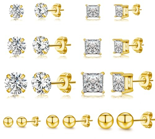 LOUMILEO Ohrringe Gold Stecker für Damen 9 Paar Ohrringe Gold Set Hypoallergen Rund Quadratisch Cubic Zirkonia Ohrstecker Gold für Damen Gold Ohrringe Set für Mehrere OhrlöCher 4/5/8 mm