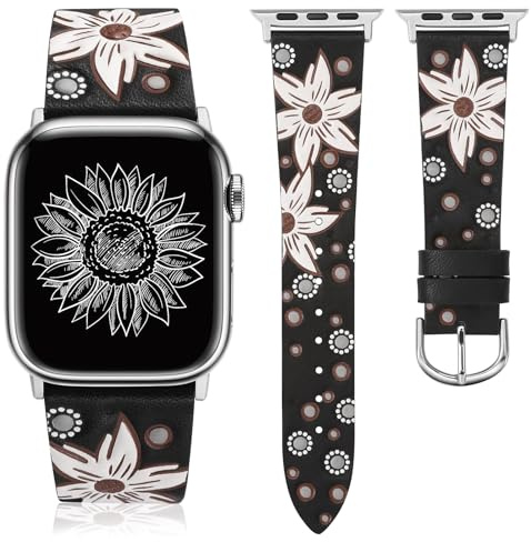 Minyee Leather Straps Compatible with Apple Watch 41mm 40mm 38mm 44mm 45mm 49mm 42mm Women Elegant Sunflower Embossed Leather Strap for iWatch Ultra 2 Series 9/8/7/6/5/4