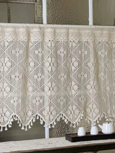 Yaland Rideau brise-bise style bohème - Fait à la main - Avec découpes - Rideau court - Avec pompons - 1 pièce - H x l : 40 x 125 cm