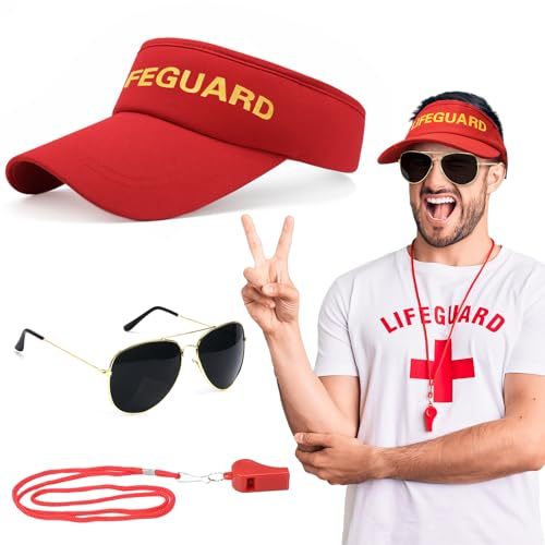 LOHAME 3 Pièces Ensemble de Costume de Sauveteur Accessoires Sauveteur Déguisement Adulte Sauveteur Chapeau de Sauveteur Sifflet Lunettes de Soleil pour Plage Piscine Mascarade Carnaval Halloween