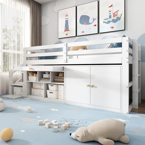 Multifunktionales Kinderbett aus Holz, mit Treppe und Stauraum, Treppen/Schränke links und rechts austauschbar, Schubladen umdrehbar und als Schreibtisch nutzbar, ohne Matratze, 90*200, weiß