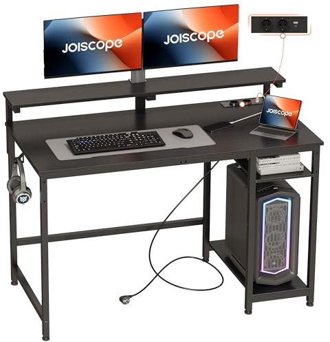 JOISCOPE Scrivania PC con Supporto per Monitor, Scrivania Ufficio con Porta di Ricarica USB & Type-C, Scrivania per La Casa con Ripiani Reversibili e 2 Ganci, scrivania salvaspazio, Nero, 120cm