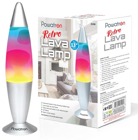 Powatron Lava Lamp 13 Rainbow Liquid Motion Glitter Lamp for Kids & Adults Retro Mood Lighting Decorative Lamp with Bulb & UK Mains Plug – Soothing Motion Mood Lamps